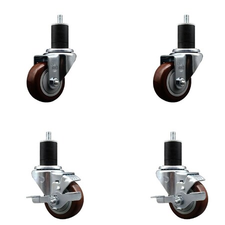 Service Caster 3'' Maroon Poly Wheel Swivel 1-3/4'' Expanding Stem Caster Set 2 Brakes, 4PK SCC-EX20S314-PPUB-MRN-2-TLB-2-134